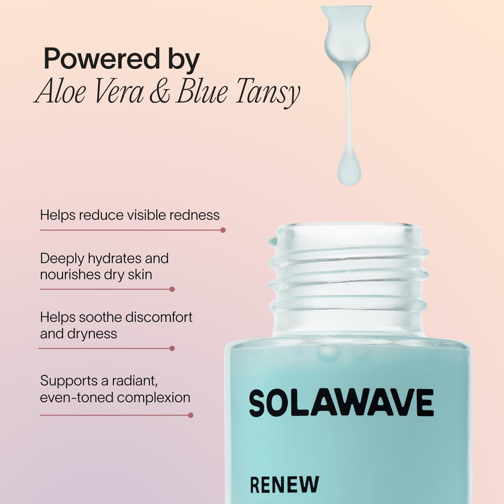 Solawave Renew Complex Serum with aloe vera for calm, refreshed skin.