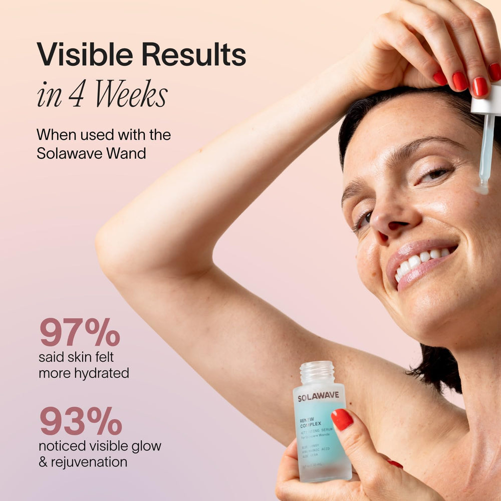 Solawave Renew Complex Serum applied on face, prepping skin for wand session.