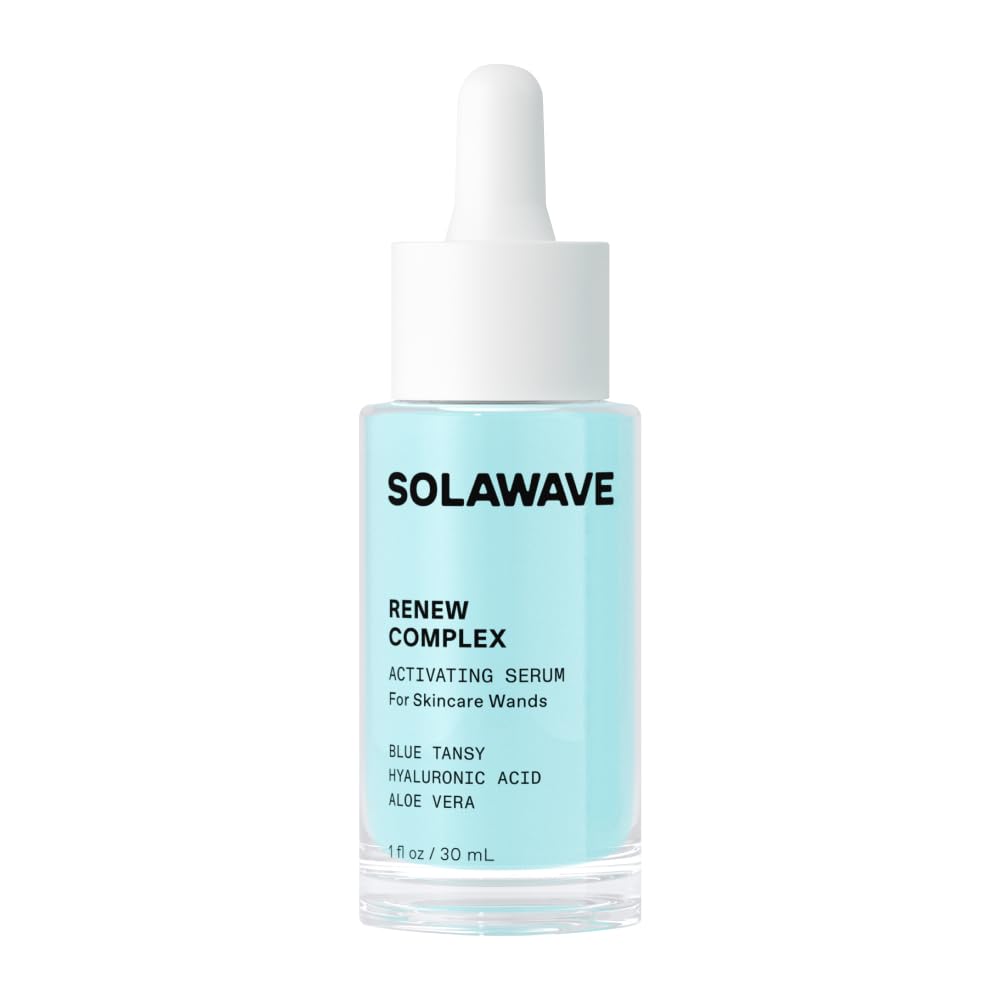 Solawave Renew Complex Serum bottle close-up, priming hydration for wand sessions.