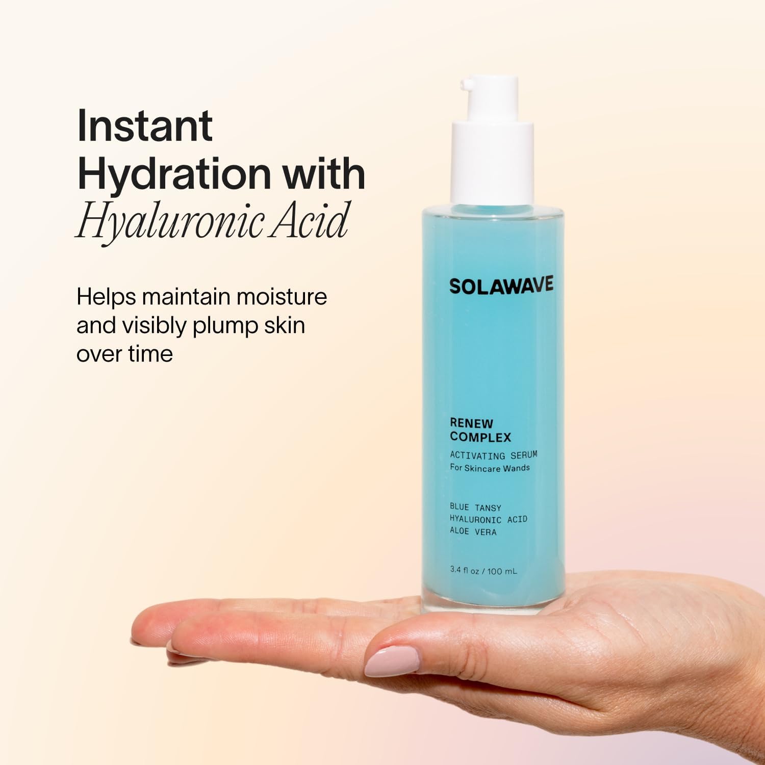 Solawave Renew Complex Serum featuring hyaluronic acid for lasting hydration.