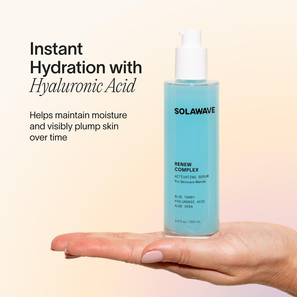 Solawave Renew Complex Serum featuring hyaluronic acid for lasting hydration.