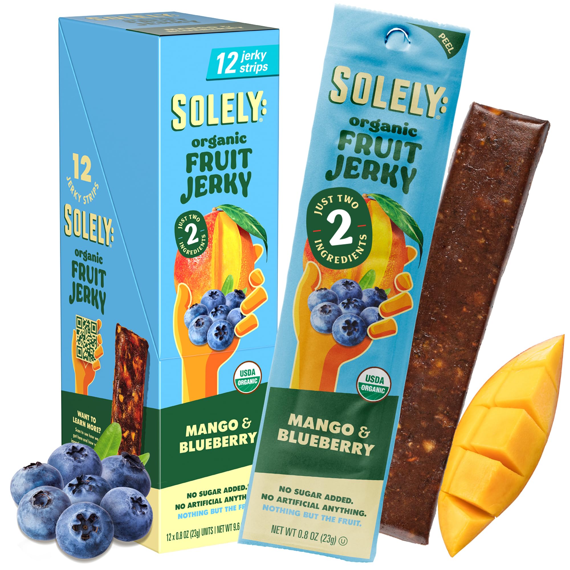 SOLELY mango-blueberry fruit jerky strip, portable healthy snack for on-the-go.