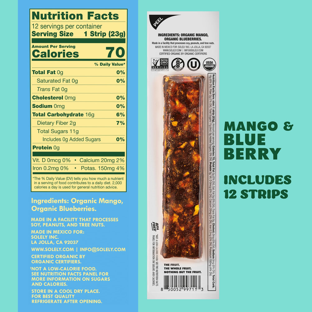 SOLELY mango-blueberry fruit jerky strip, single-serving for kids and lunchboxes.