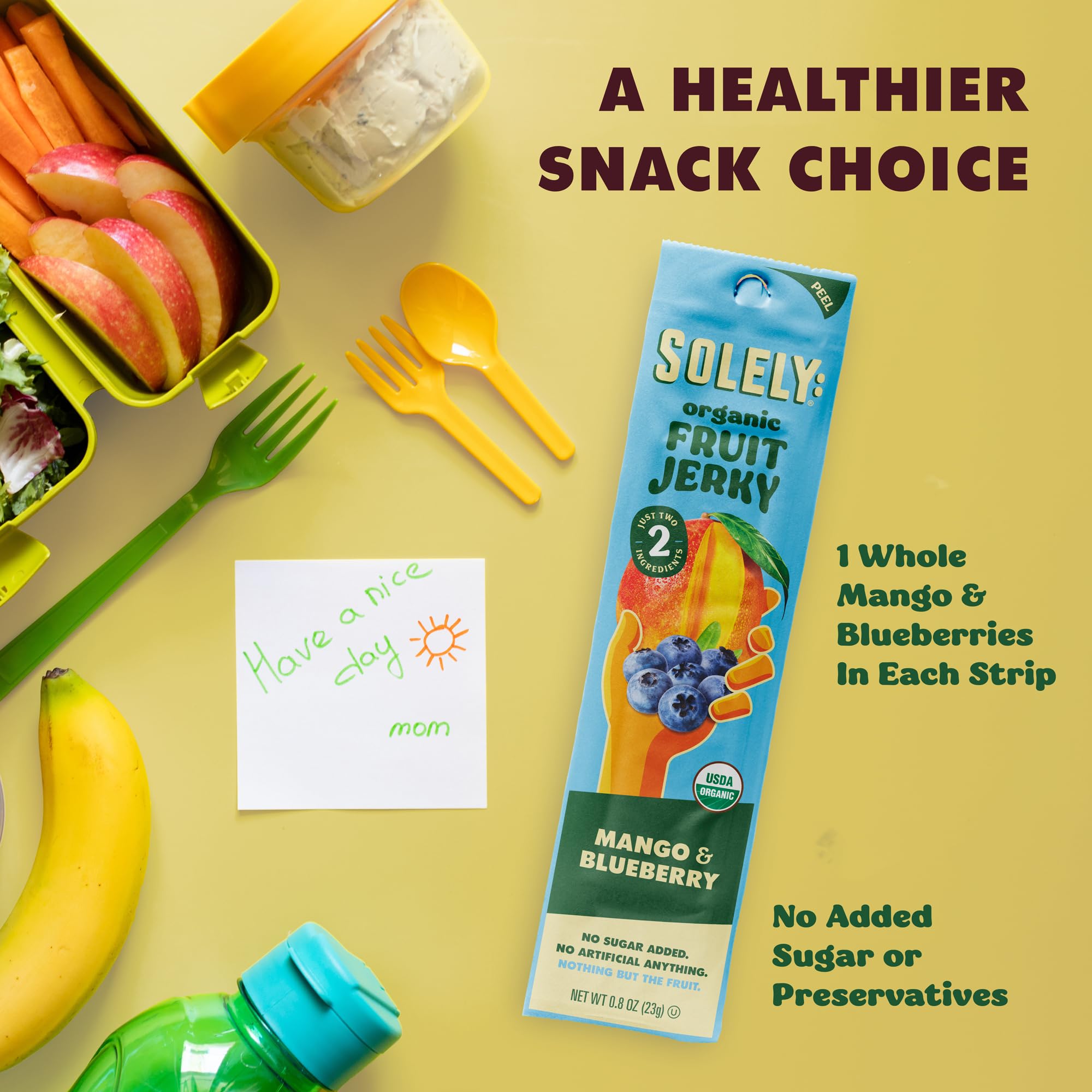 SOLELY mango-blueberry fruit jerky pack, no added sugar or preservatives.