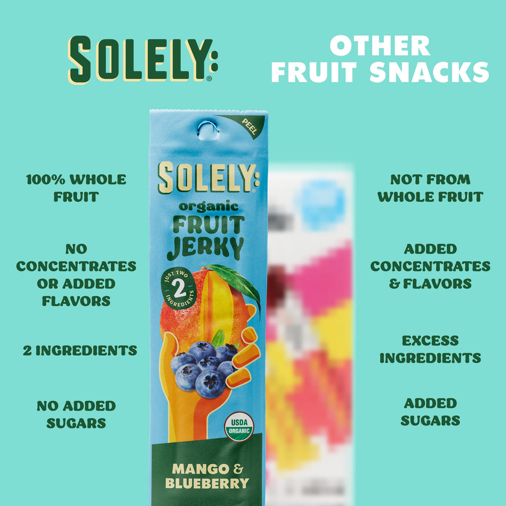 SOLELY mango-blueberry fruit jerky in travel-friendly pouch, easy to carry.