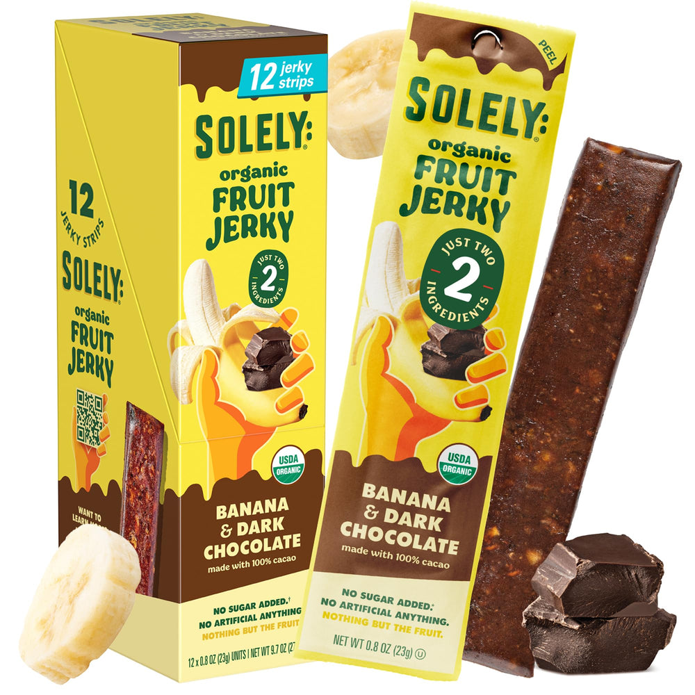 SOLELY organic banana chocolate-drizzled fruit jerky pack: portable wholesome snack for on-the-go