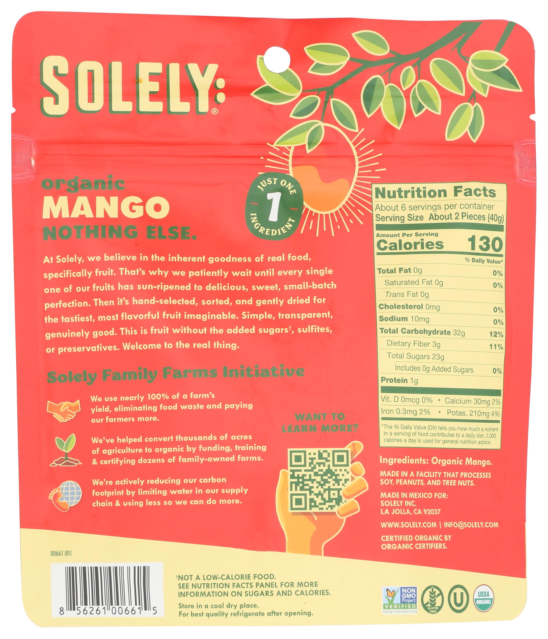 SOLELY Organic Dried Mango Halves close-up of sliced pieces showing natural color