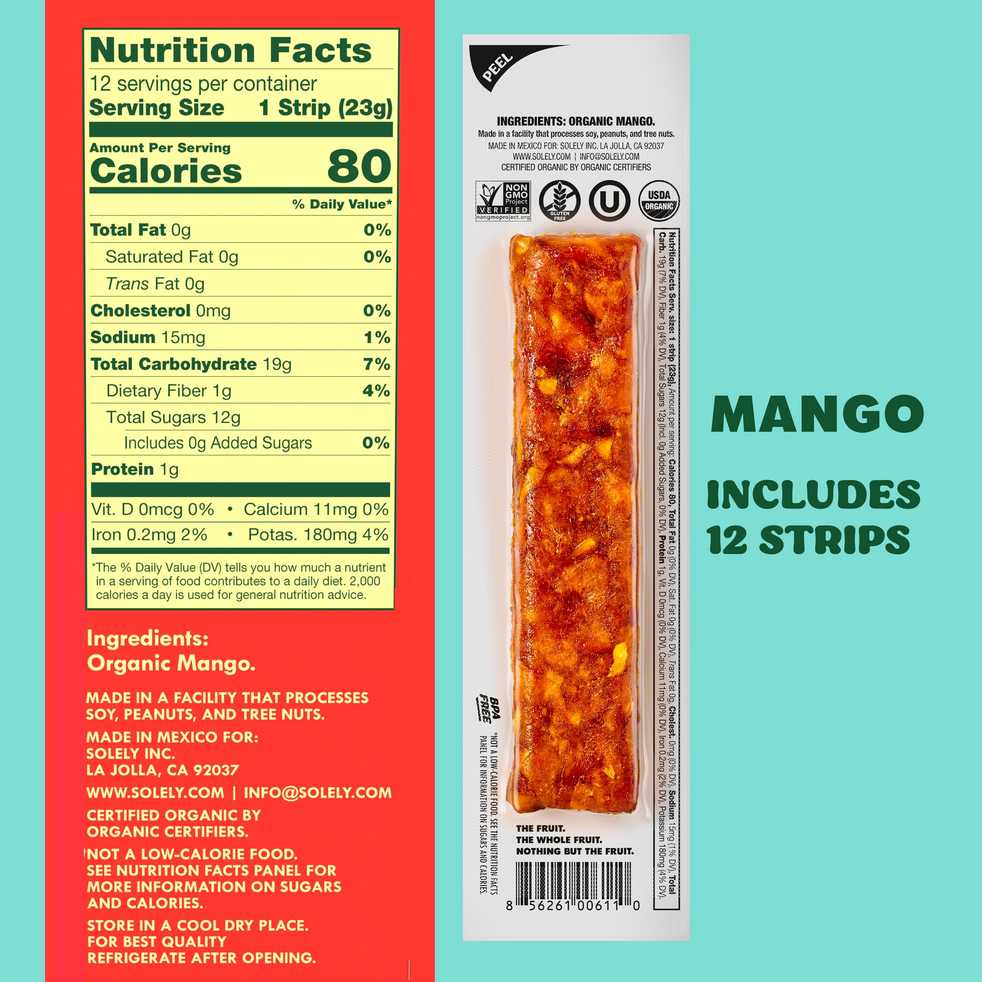 Solely Mango Fruit Jerky 12-pack shows portable single serve snack option