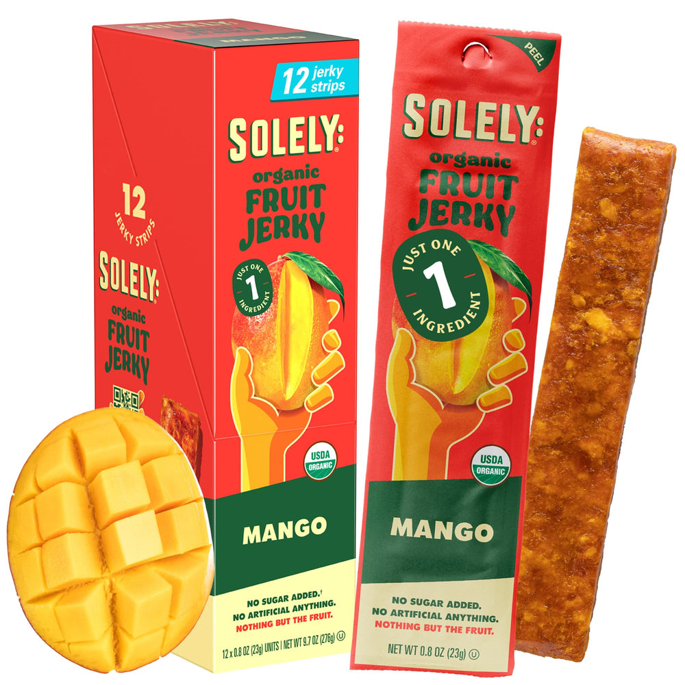 Solely Organic Mango Fruit Jerky packaging highlights simple ingredient labeling for natural snacking