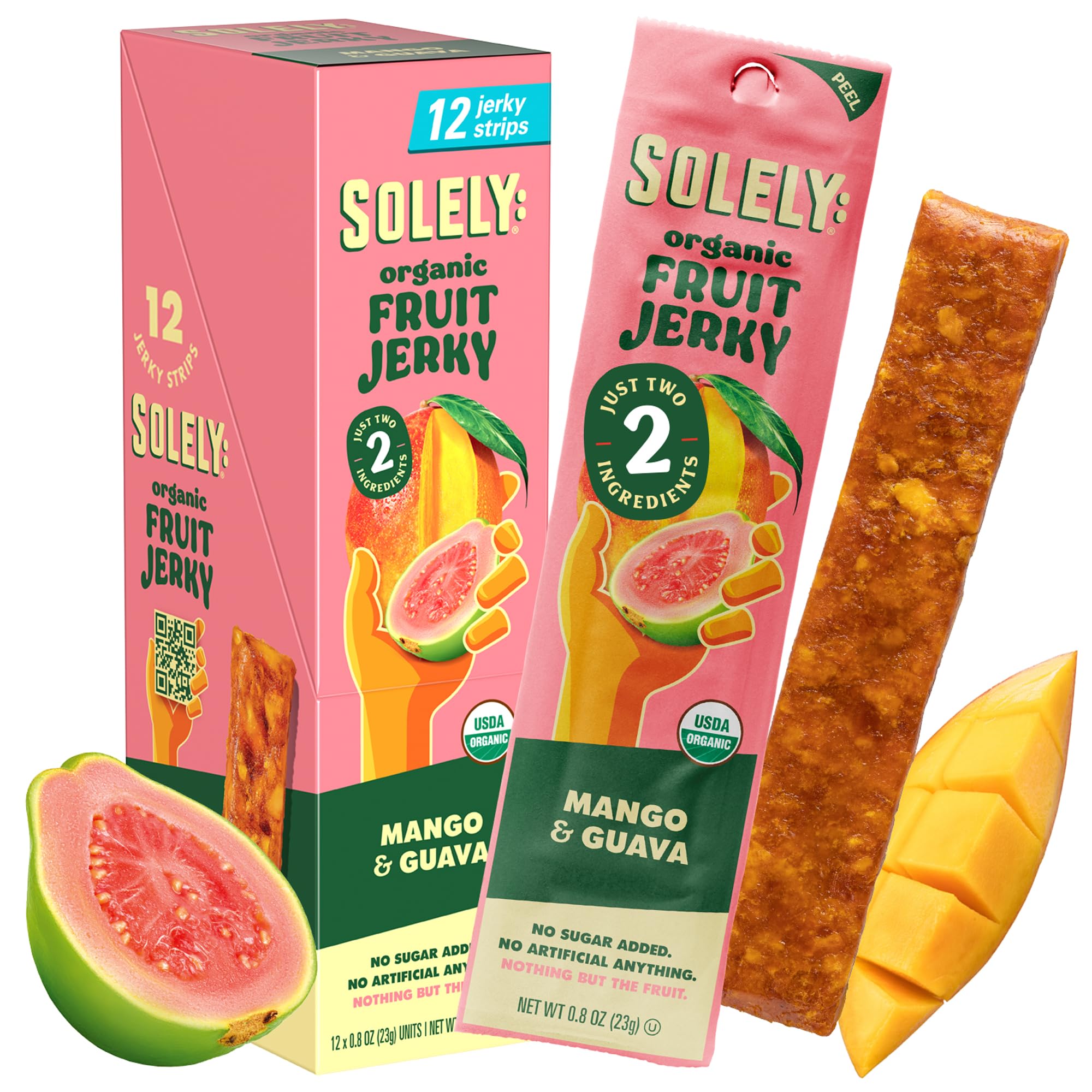 SOLELY Organic Mango Guava Jerky front box with 12-pack, convenient for on-the-go snacking