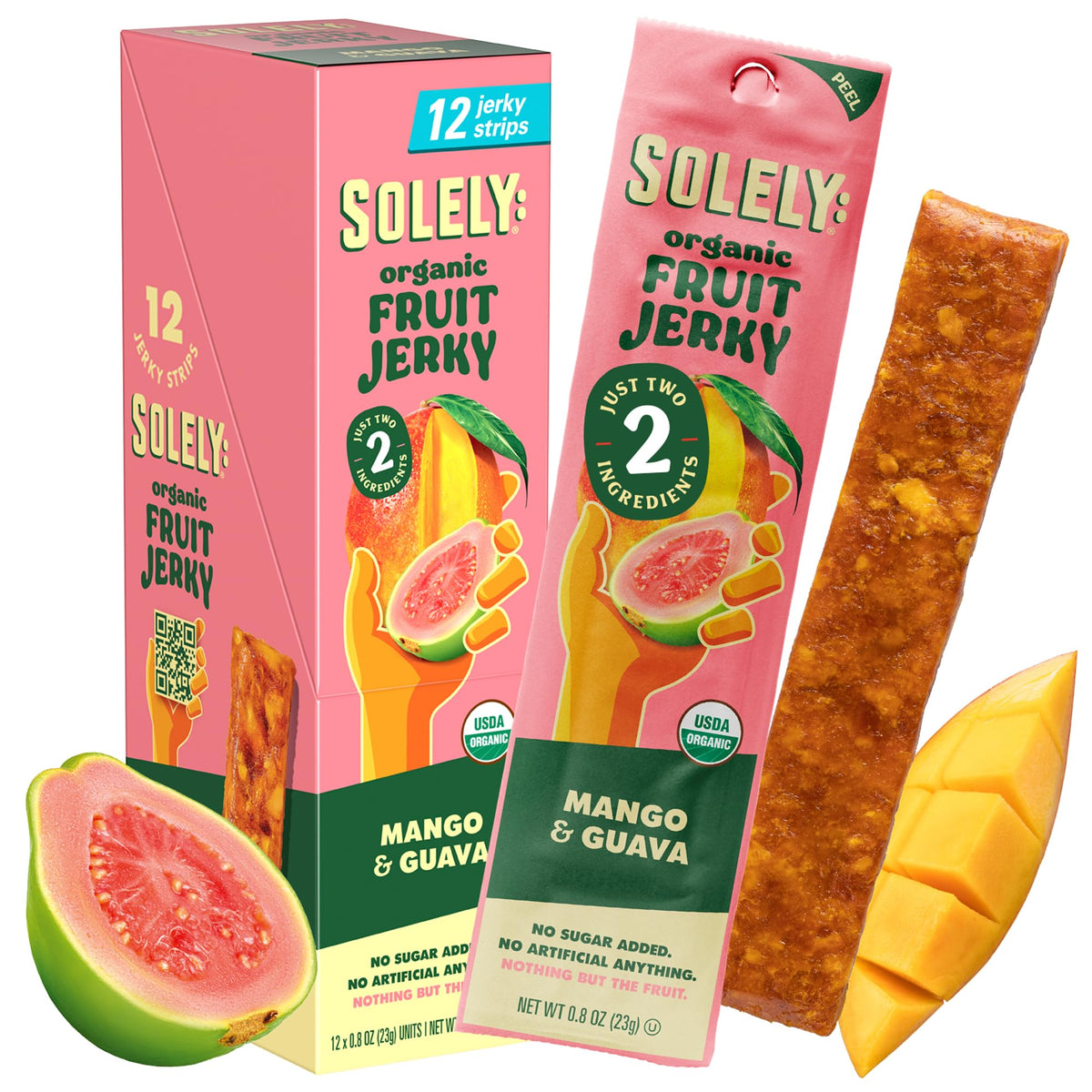 SOLELY Organic Mango Guava Jerky front box with 12-pack, convenient for on-the-go snacking