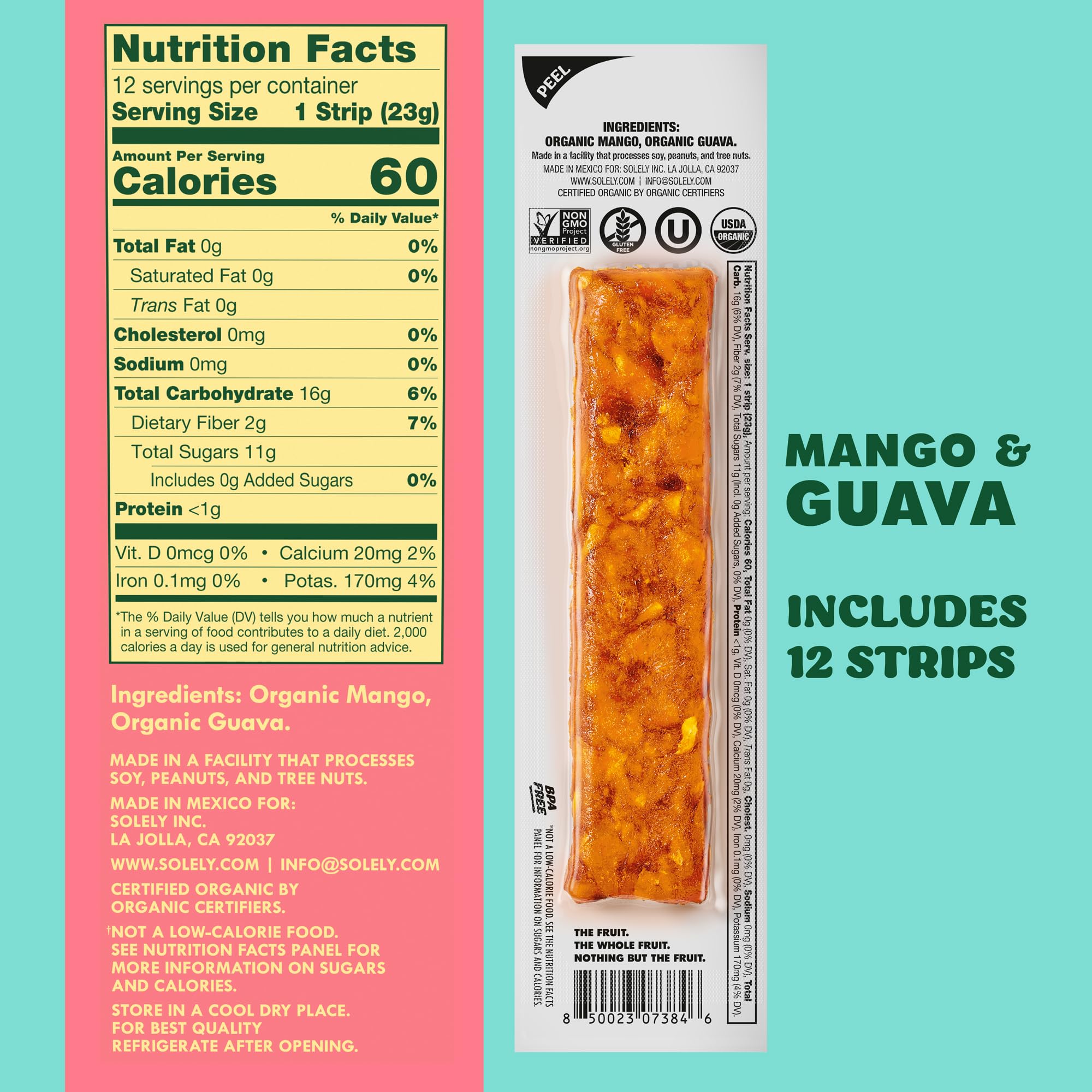 SOlELY Organic Mango Guava Jerky single-wrap close-up, ideal for school or work lunches
