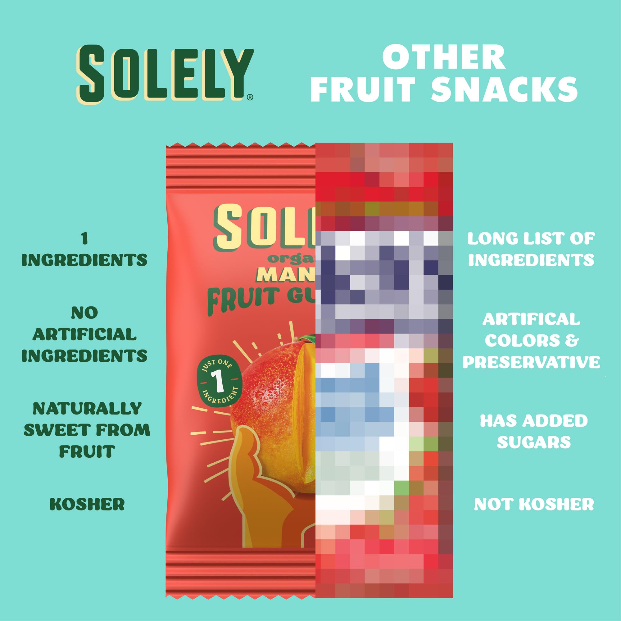 SOLELY Organic Mango Gummies ingredients panel emphasizing mango-only formula.