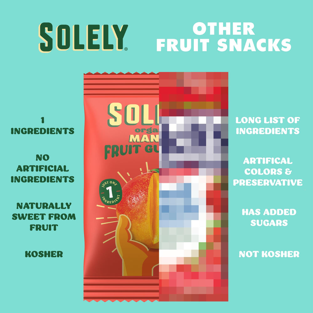 SOLELY Organic Mango Gummies ingredients panel emphasizing mango-only formula.