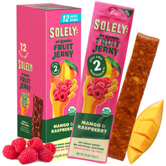 SOLELY Organic Mango Raspberry fruit jerky pack front for on-the-go snacking