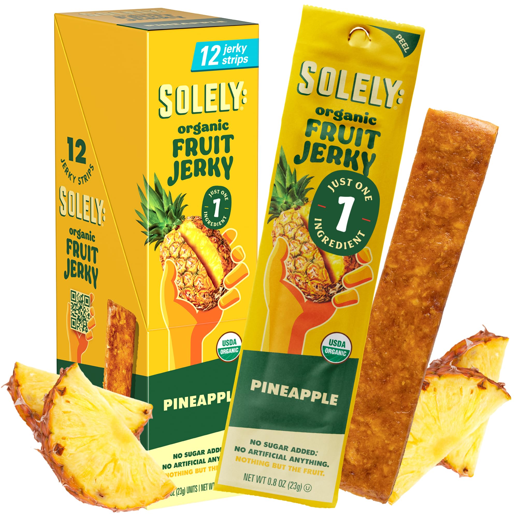 SOLELY Organic Pineapple Jerky Pack for on-the-go snacking and shareable portions.