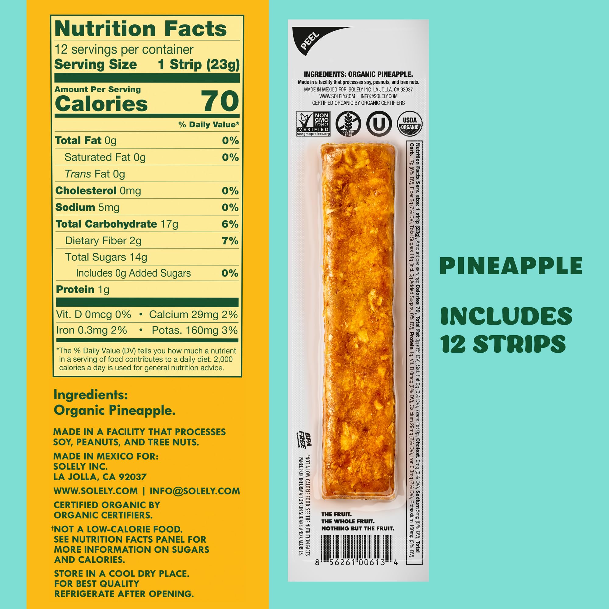 SOLELY Organic Pineapple Jerky Strip-01 offers convenient single-serve portability.