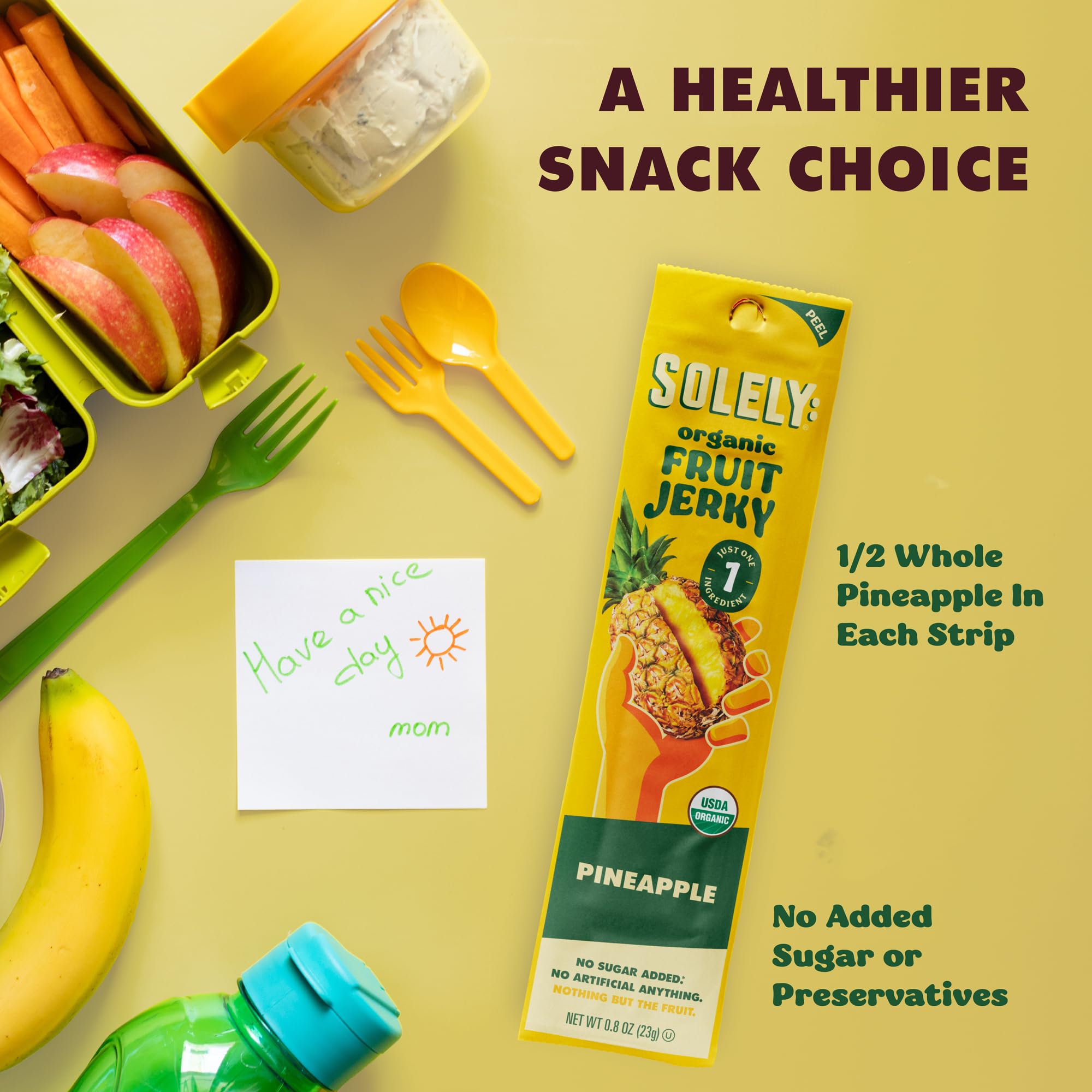 SOLELY Organic Pineapple Jerky Strip-03 is lunchbox-friendly and mess-free.