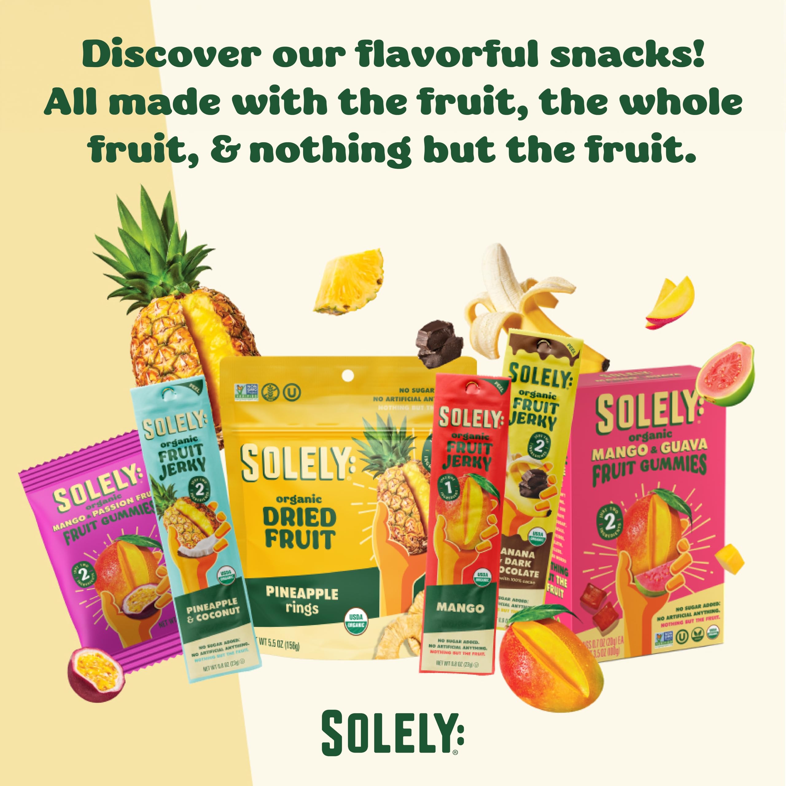 SOLELY Organic Pineapple Jerky Strip-07 keeps organic, simple ingredients accessible.