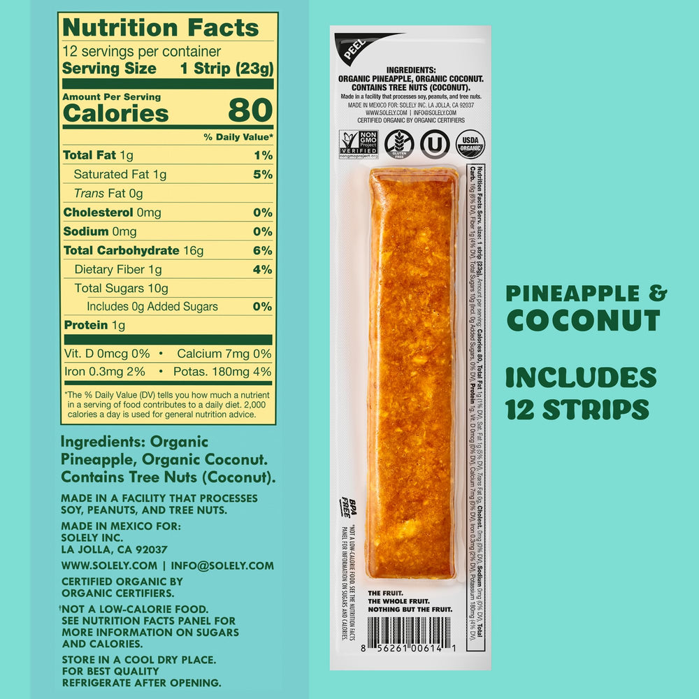 A single jerky strip highlights organic pineapple and coconut flavor.