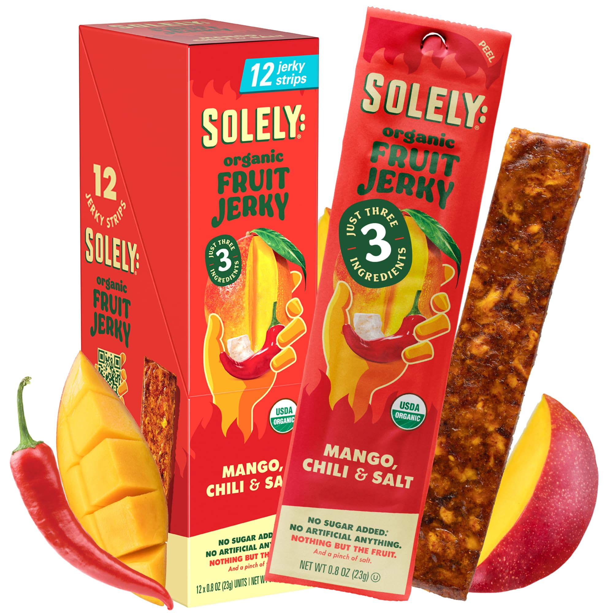 SOLELY spicy mango chili fruit jerky pack for on-the-go snacking.