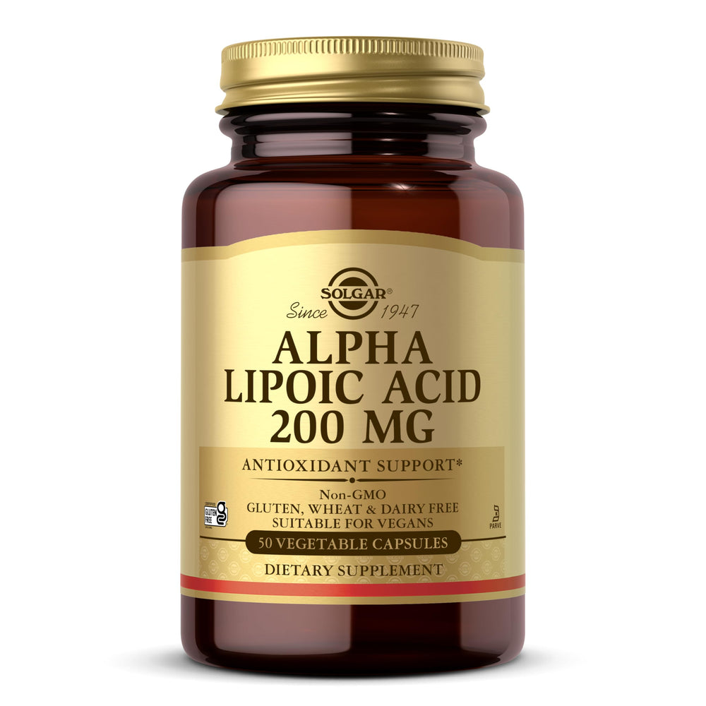 Solgar Alpha Lipoic Acid 200 mg bottle front view for daily antioxidant support