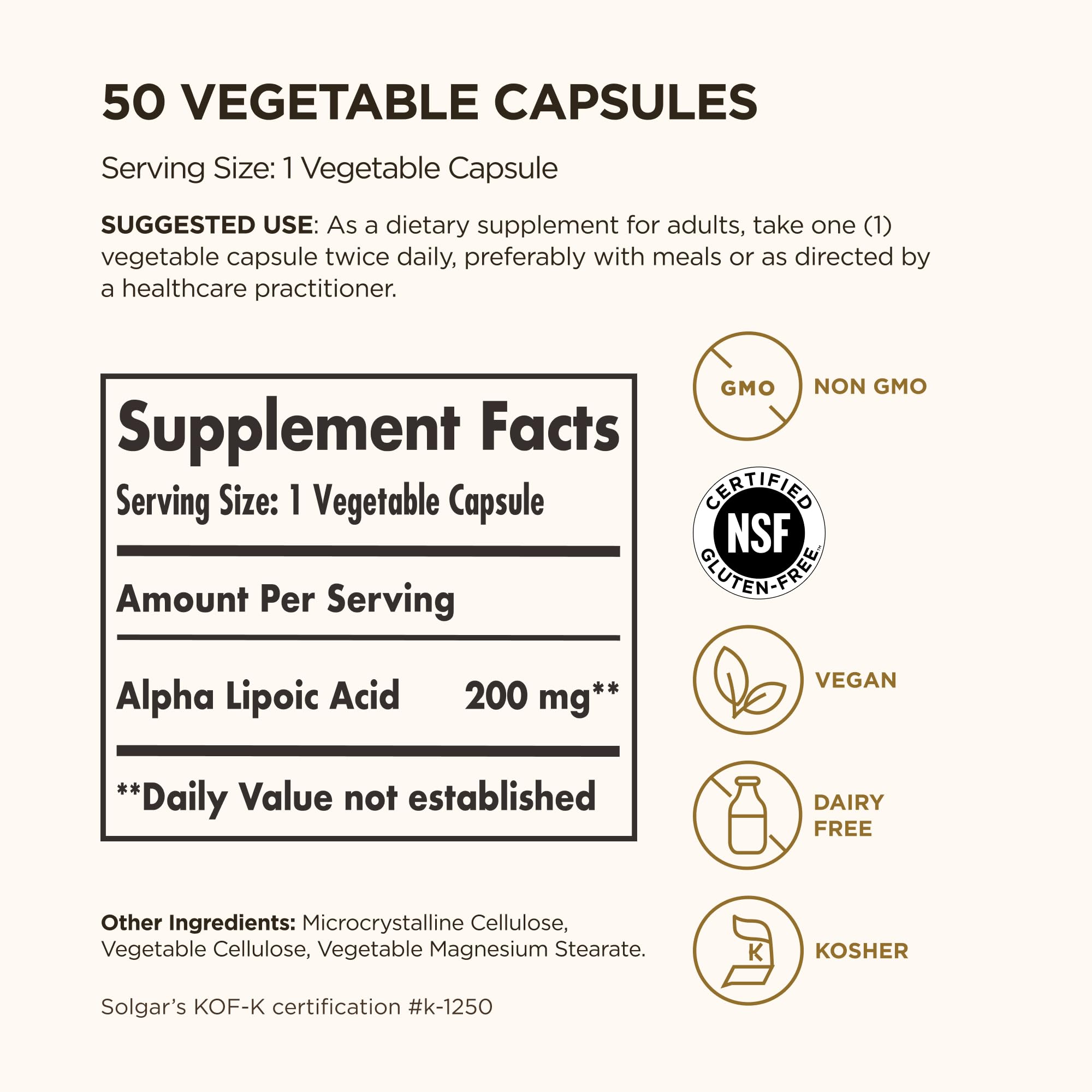 Solgar Alpha Lipoic Acid 200 mg bottle label highlighting vegan, non-GMO formula
