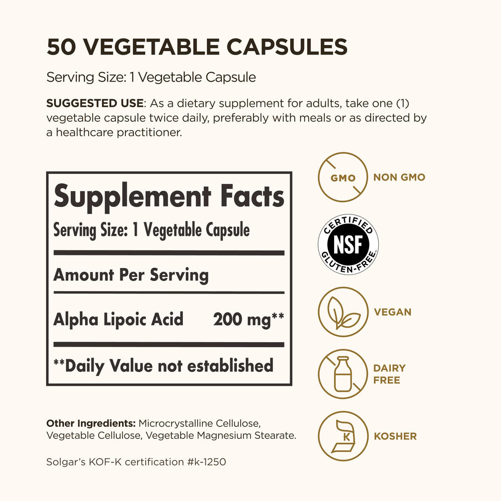 Solgar Alpha Lipoic Acid 200 mg bottle label highlighting vegan, non-GMO formula