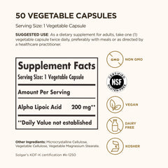 Solgar Alpha Lipoic Acid 200 mg bottle label highlighting vegan, non-GMO formula