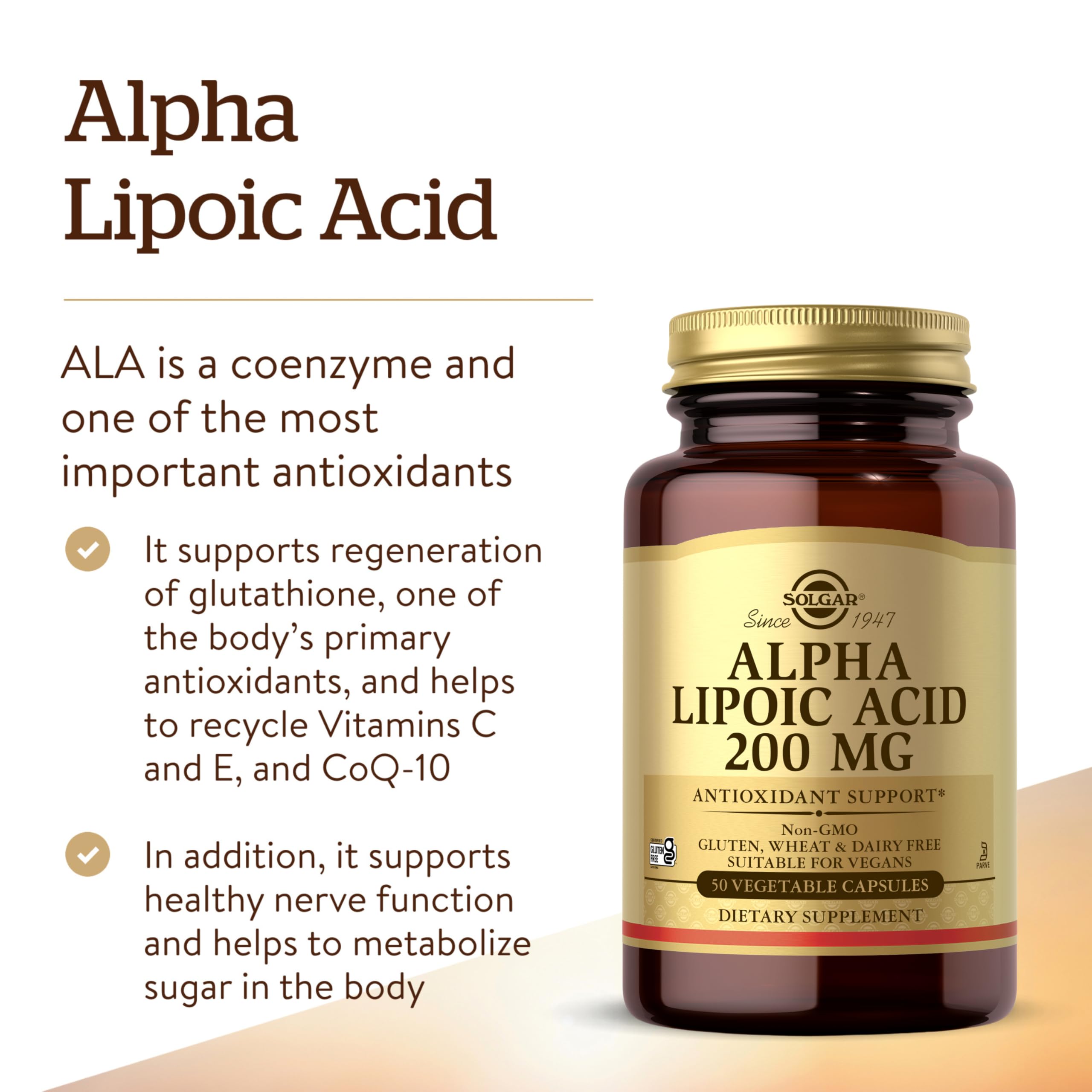 Solgar Alpha Lipoic Acid capsules close-up show plant-based supplement