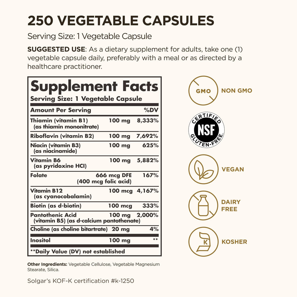 Close-up of Solgar B-Complex 100 capsules showing vegan formula.