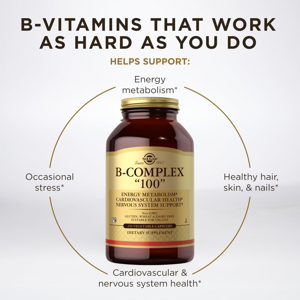 Solgar B-Complex 100 vegan and gluten-free icons indicate clean nutrition.