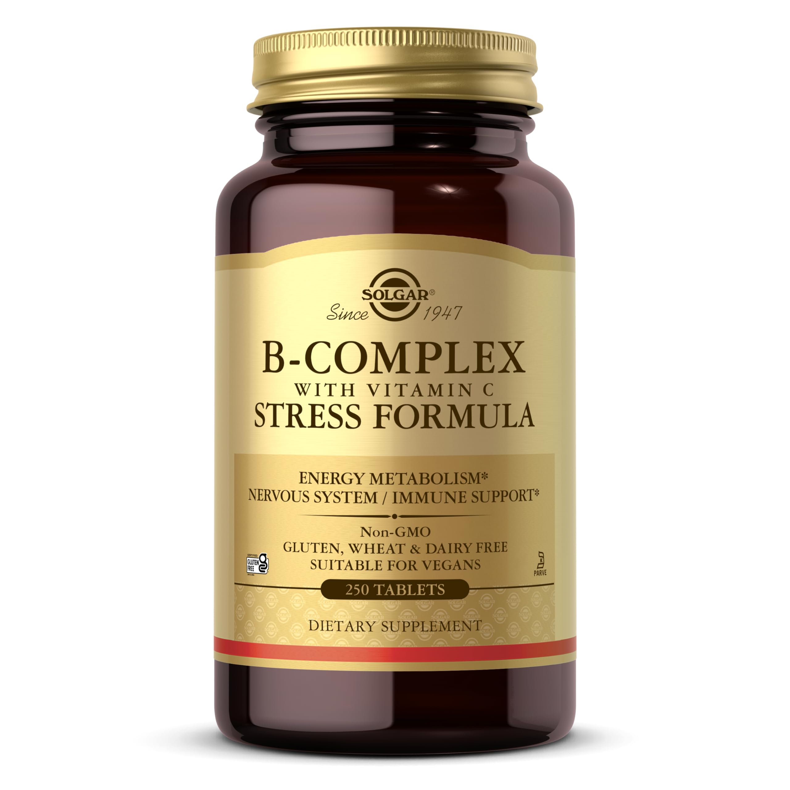 Solgar B-Complex with Vitamin C Stress Formula bottle for daily energy support.
