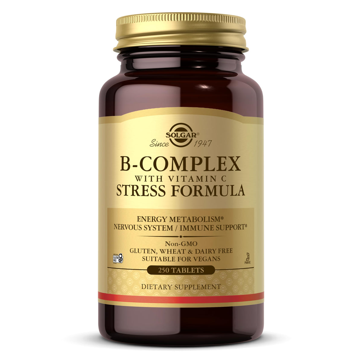 Solgar B-Complex with Vitamin C Stress Formula bottle for daily energy support.