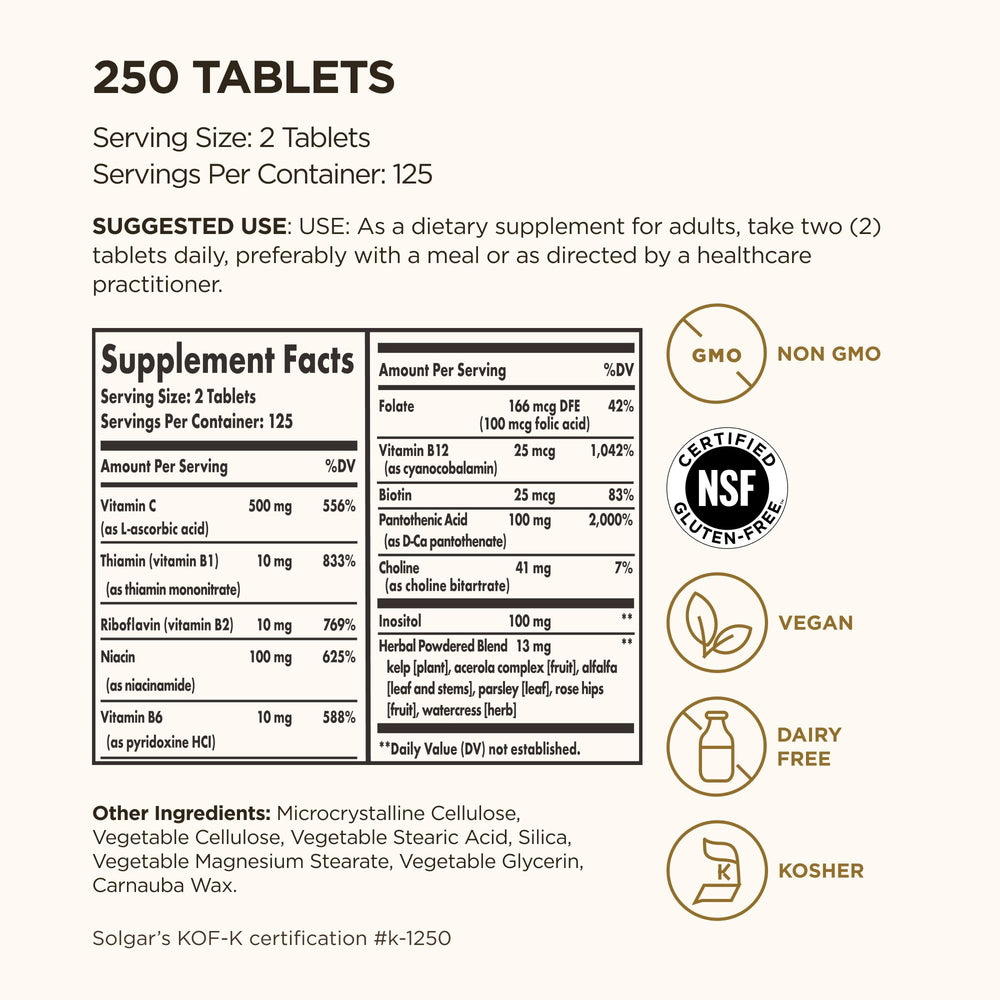 Solgar B-Complex with Vitamin C Stress Formula label close-up for immune support.
