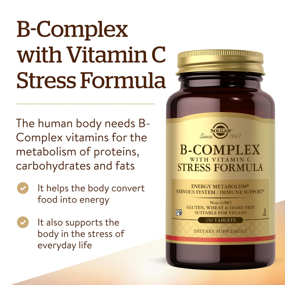 Solgar B-Complex with Vitamin C Stress Formula tablets on a clean surface for nervous system health.