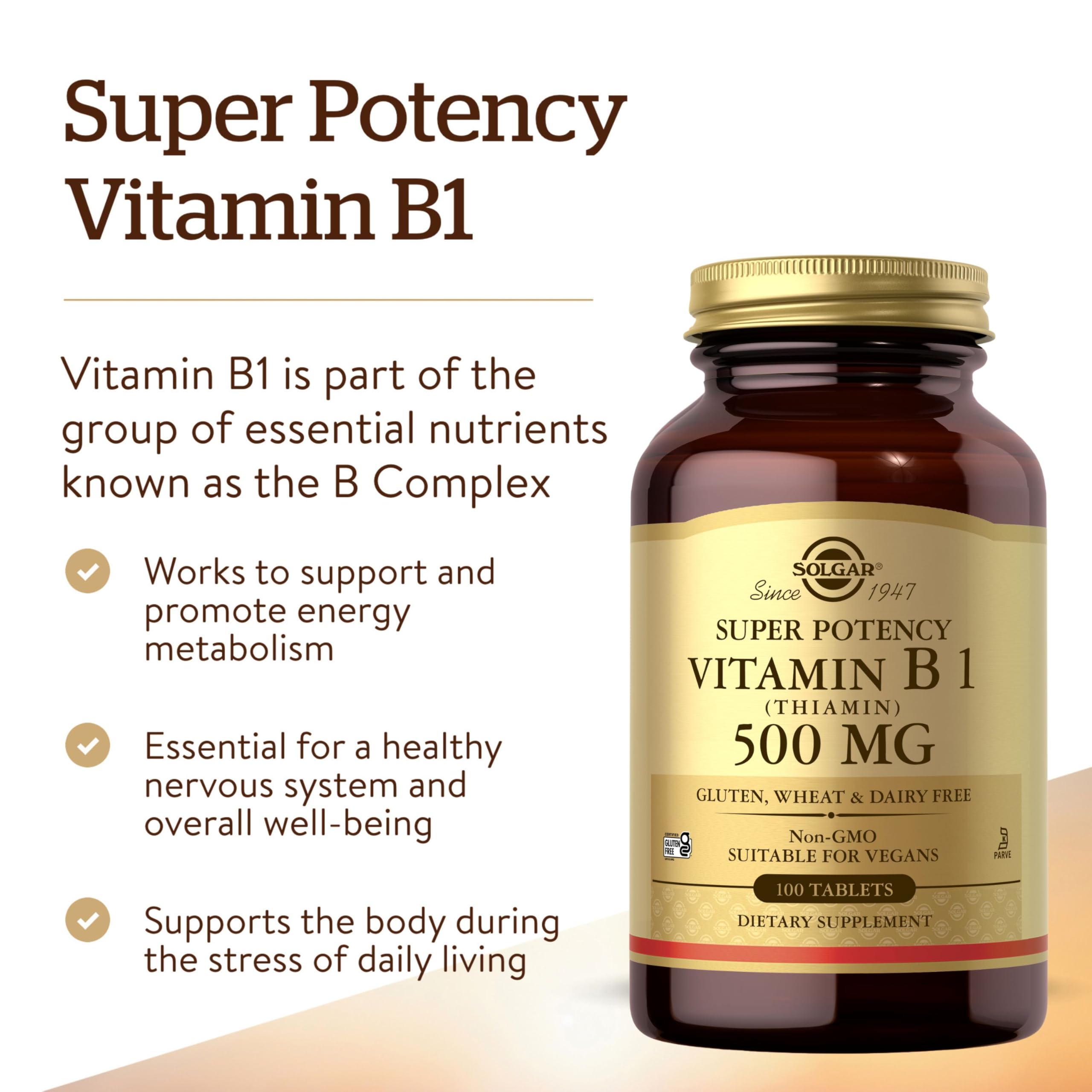 Solgar B1 500 mg bottle with cap conveys gluten-free and dairy-free reassurance.
