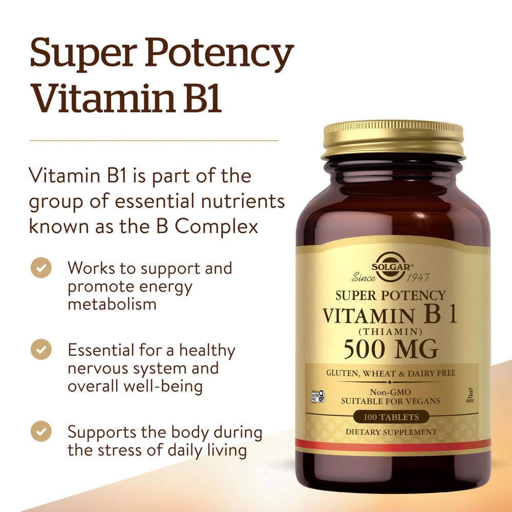 Solgar B1 500 mg bottle with cap conveys gluten-free and dairy-free reassurance.