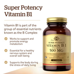 Solgar B1 500 mg bottle with cap conveys gluten-free and dairy-free reassurance.