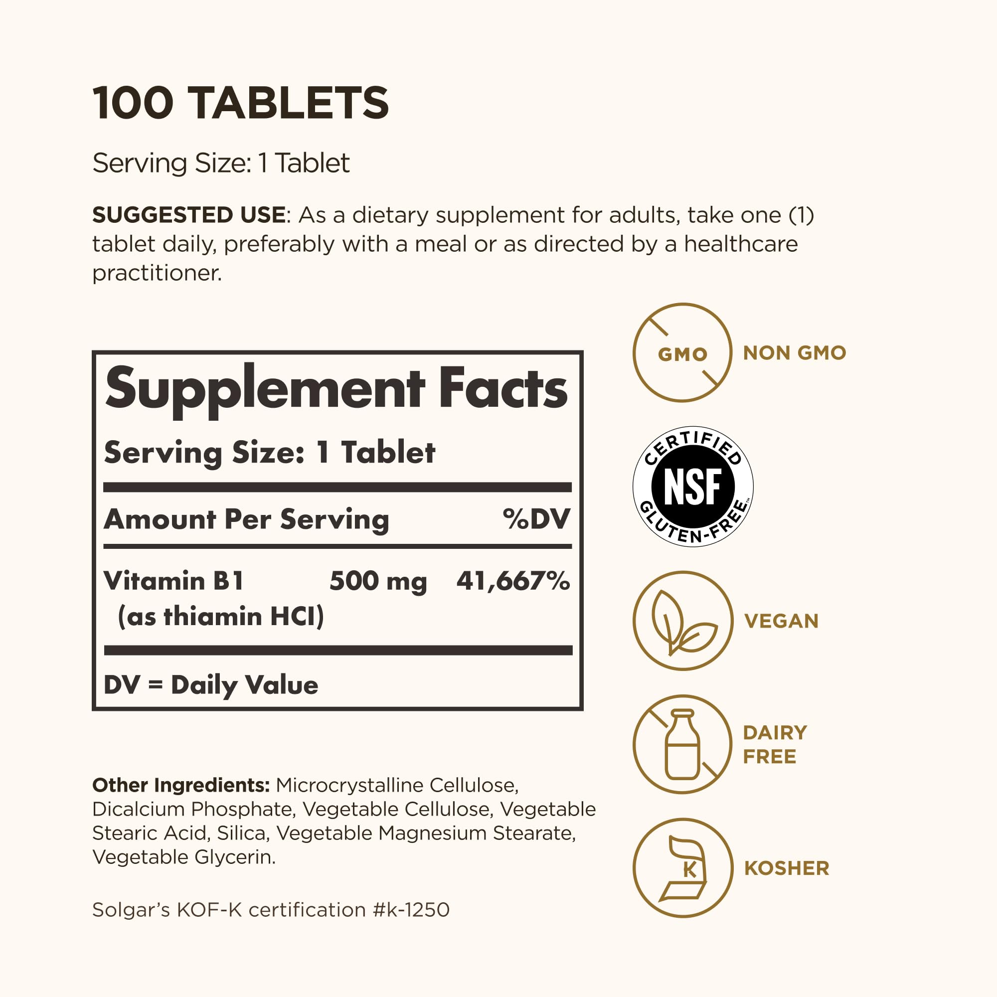 Solgar B1 500 mg tablets closeup shows vegan, non-GMO formula for daily wellness.