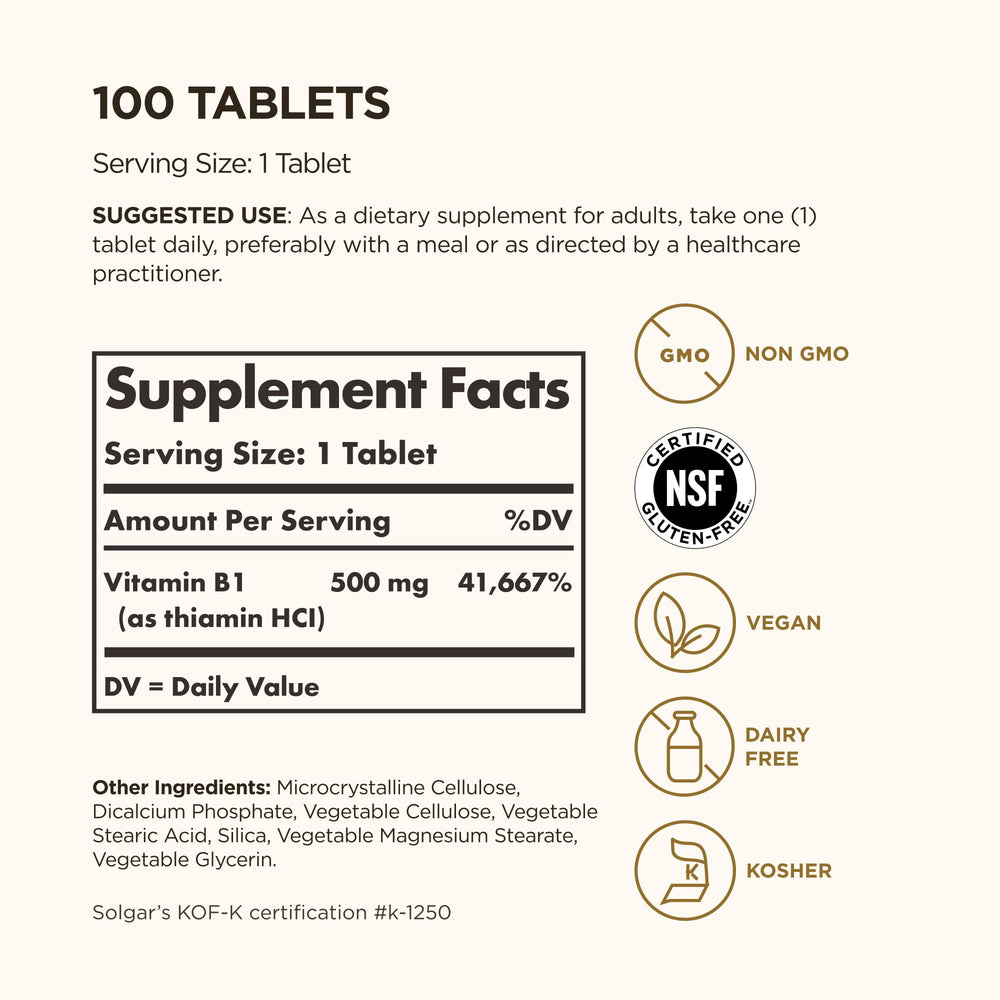 Solgar B1 500 mg tablets closeup shows vegan, non-GMO formula for daily wellness.