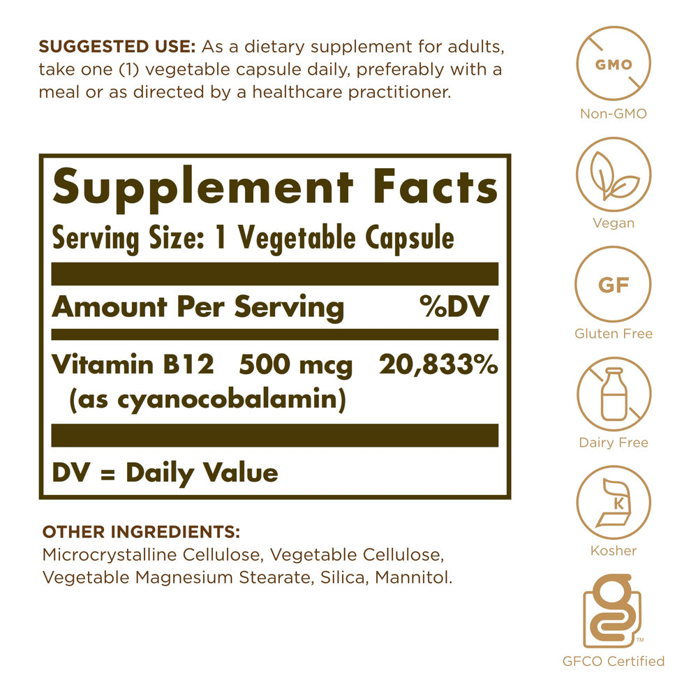 Solgar Vitamin B-12 bottle label close-up with dosage information