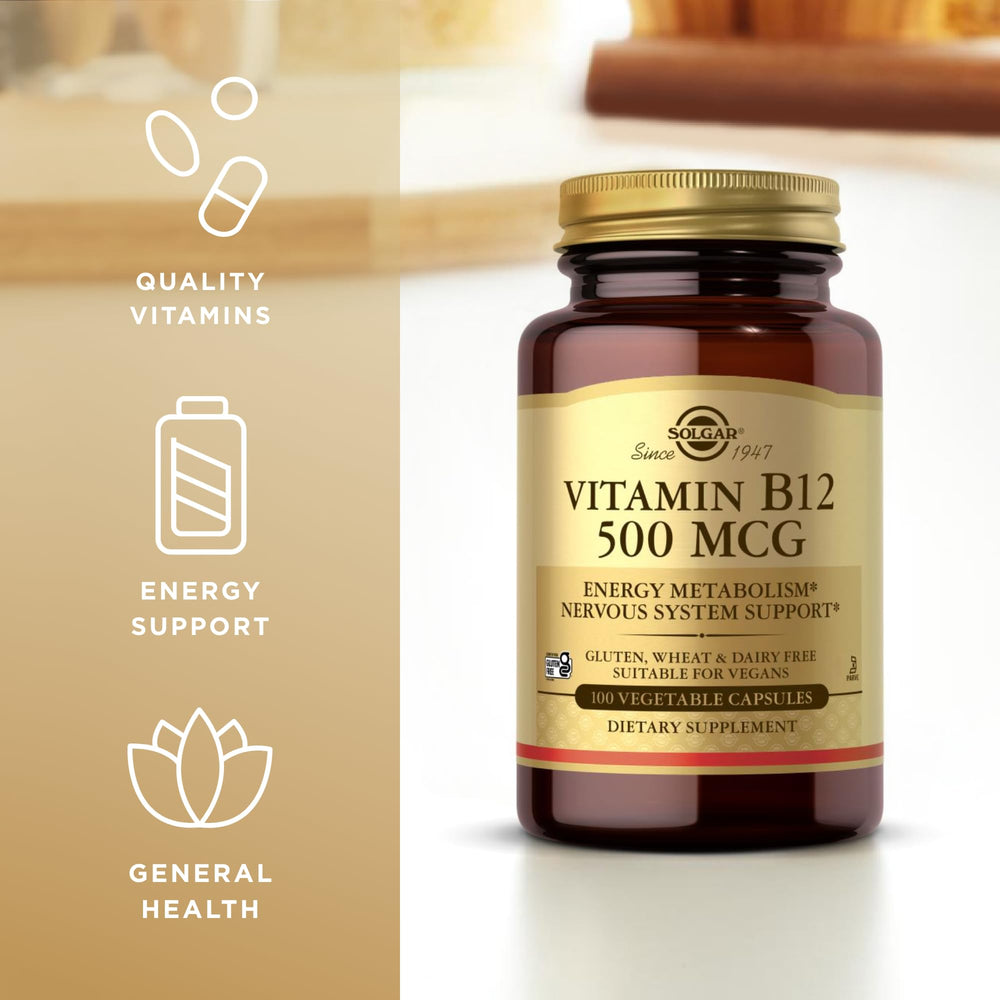 Solgar B-12 capsules on a clean surface for on-the-go use
