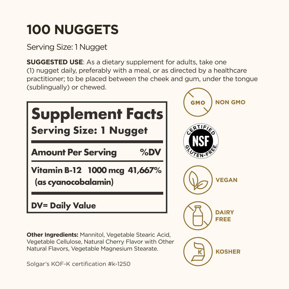 Solgar B12 nuggets closeup texture highlighting small, easy-to-take form