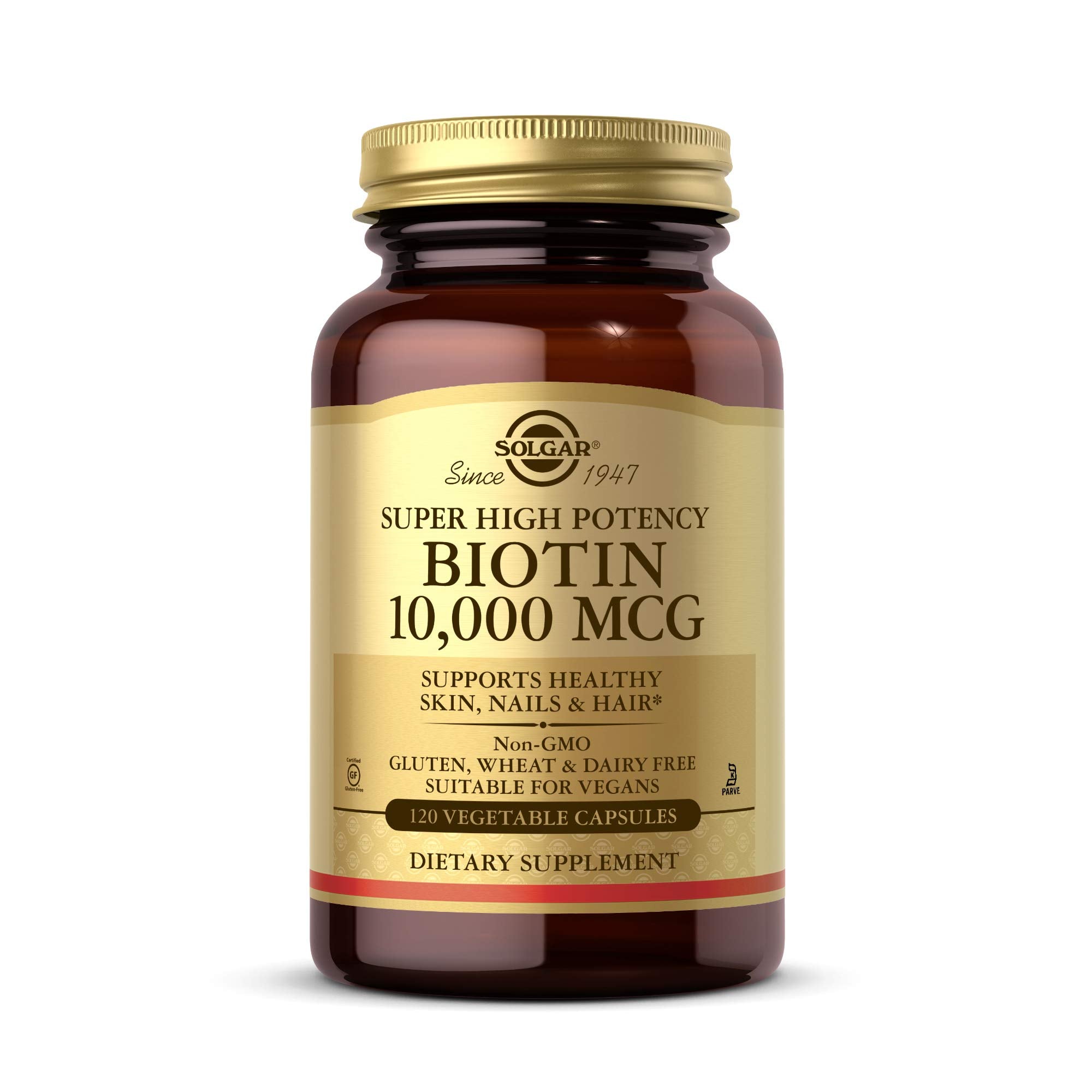 Solgar Biotin 10000 mcg capsules in bottle promote healthy skin, nails, and hair