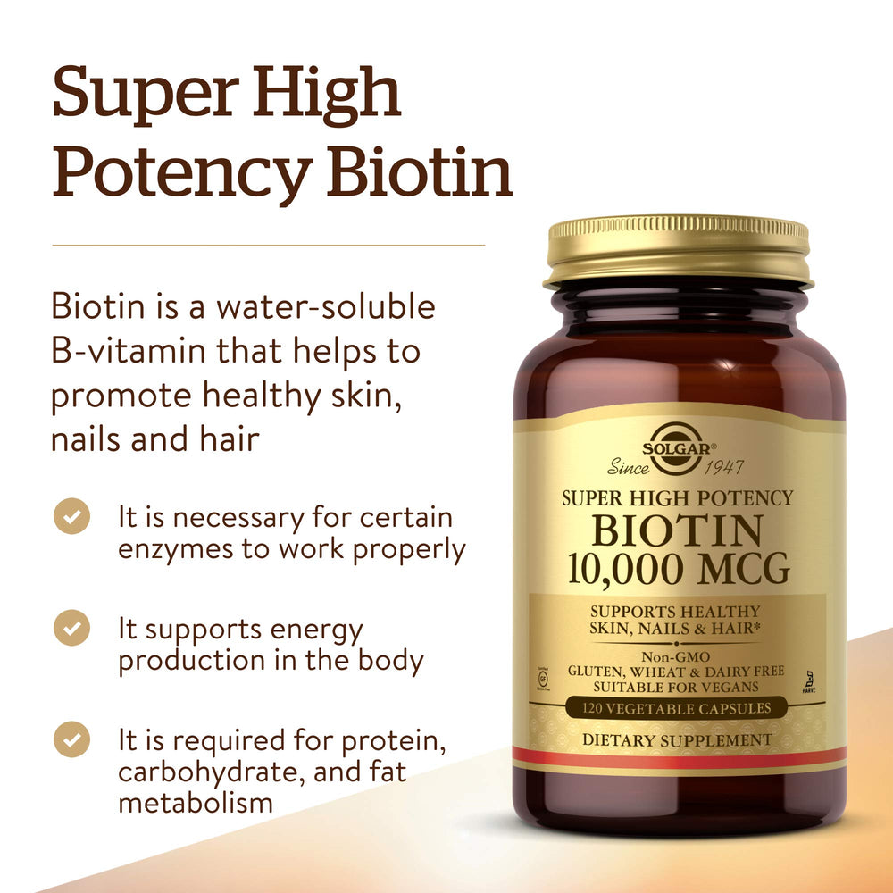 Solgar Biotin 10000 mcg capsules closeup highlighting vegan, gluten-free formula