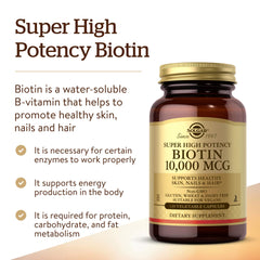 Solgar Biotin 10000 mcg capsules closeup highlighting vegan, gluten-free formula