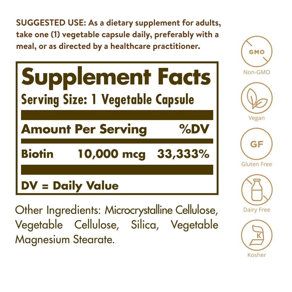 Solgar Biotin 10000 mcg capsules pouring for easy daily intake