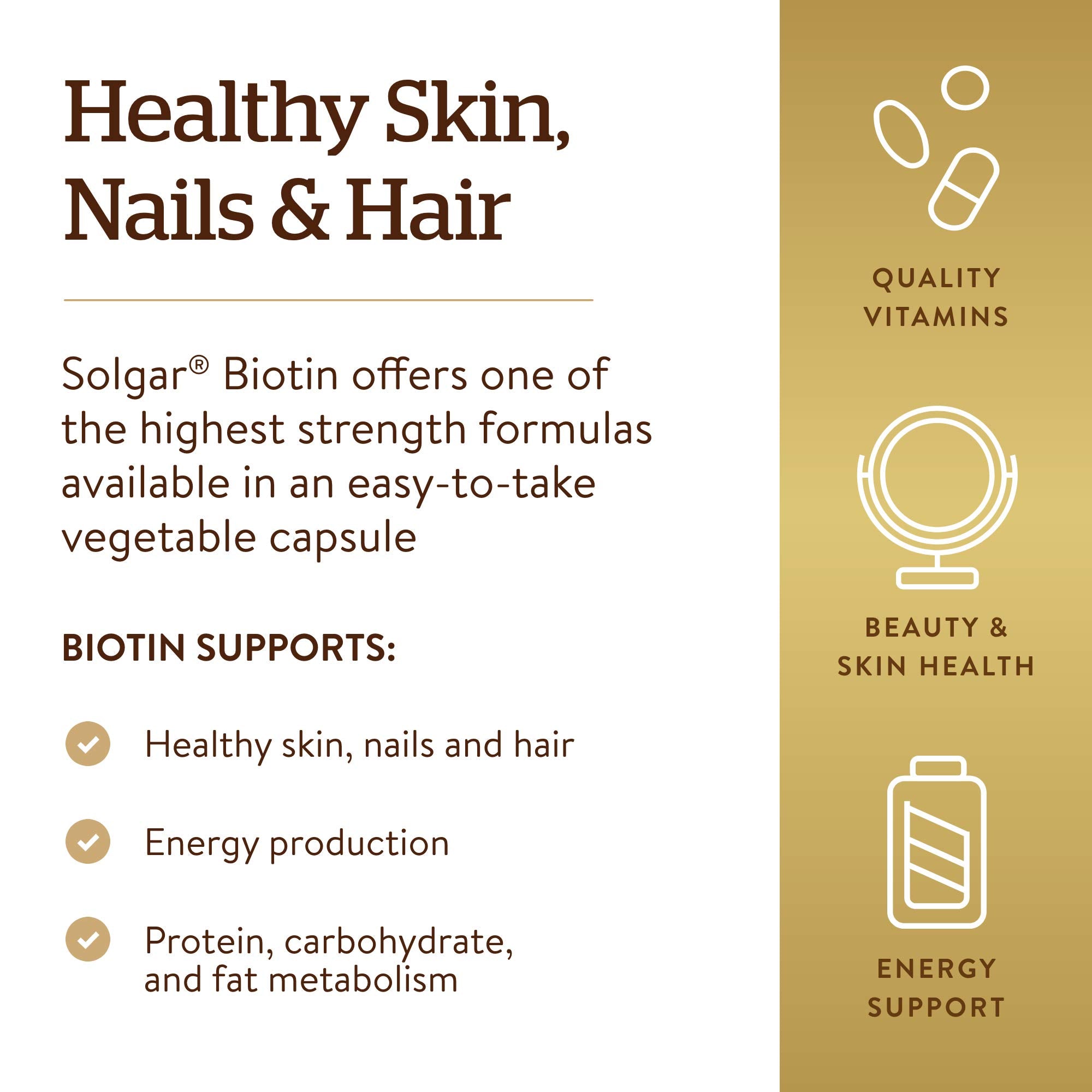 Solgar Biotin 10000 mcg packaging showing gluten-free and vegan features