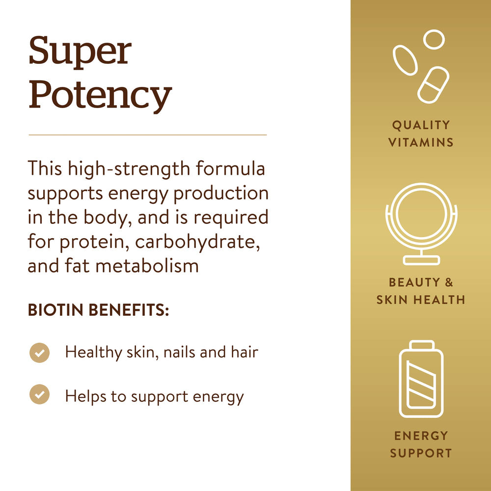 Solgar Biotin 5000 mcg capsules support metabolism for energy.